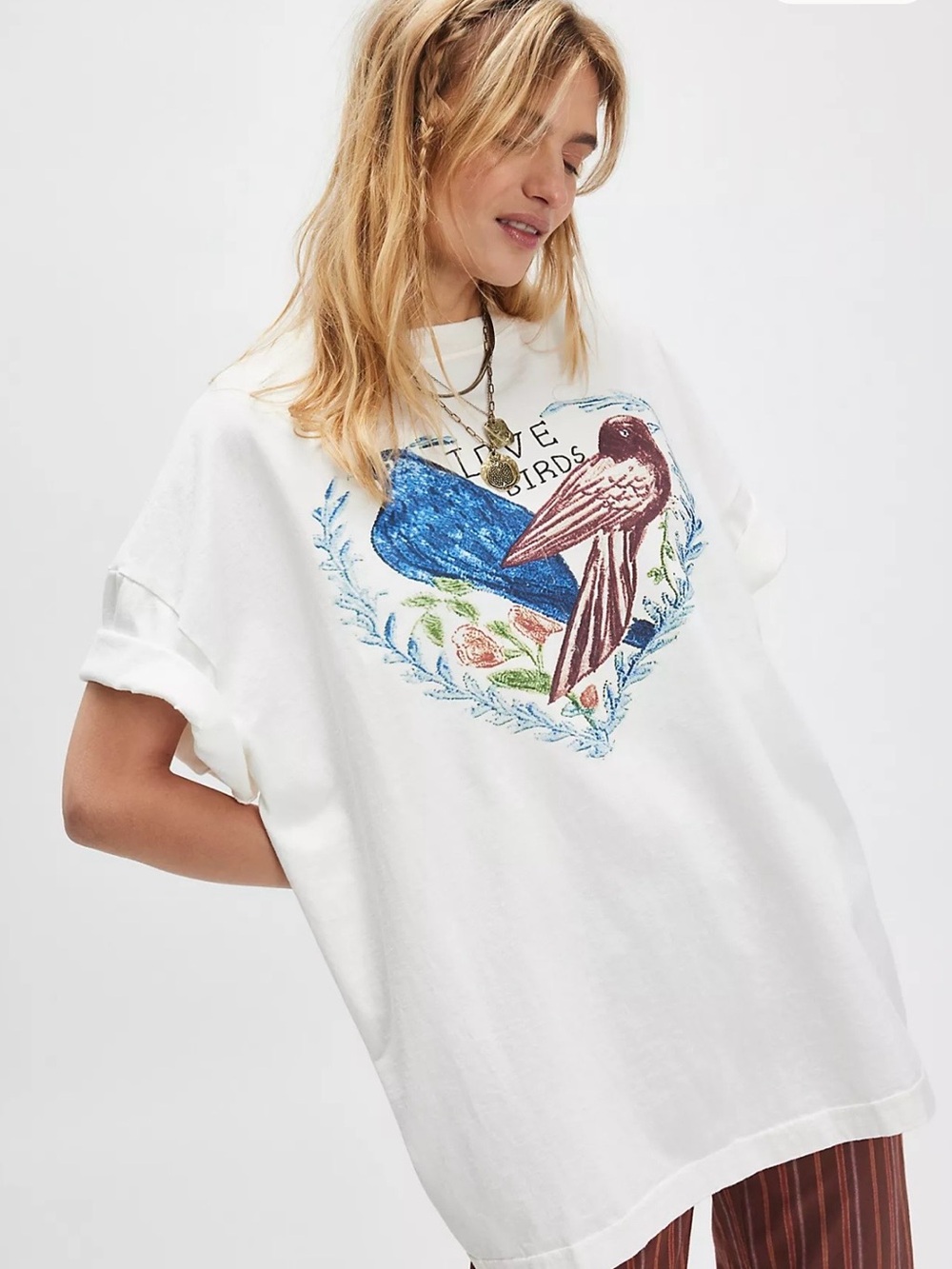 NWT! Free People Daydreamer Love Birds Oversized Cotton Wee Tee XS